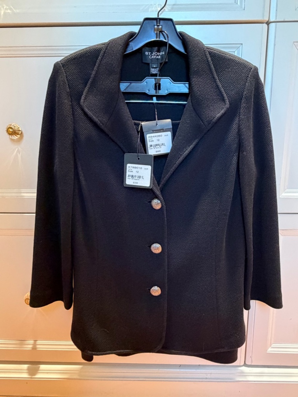 NWT- St. John Caviar Black Knit Blazer with Signature Buttons &matching skirt.